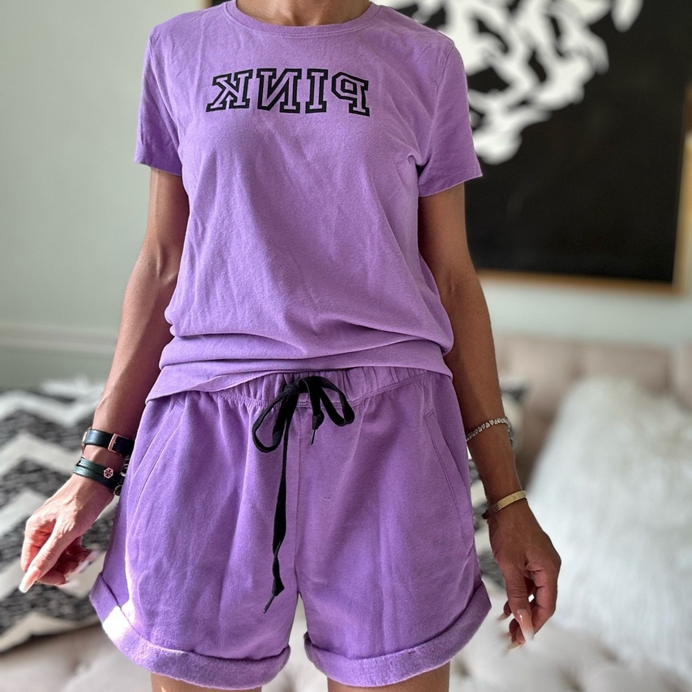 PINK Purple Lavender Short Sleeve Tee & Boyfriend Drawstring Shorts